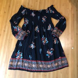 Long sleeve, off the shoulder black floral dress